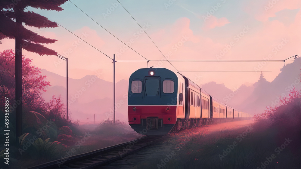 Lofi Atmosphere with Passing Train and Beautiful Nature Illustration. Generative AI.