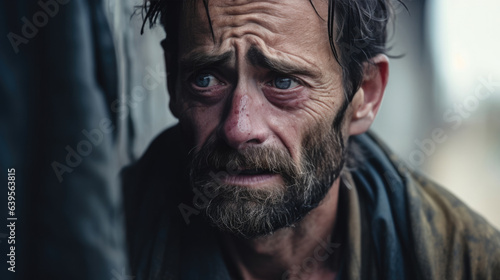 Homeless poor man crying portrait closeup. Economic recession, unemployment, poverty, hunger, retirement, global crisis, inequality problem