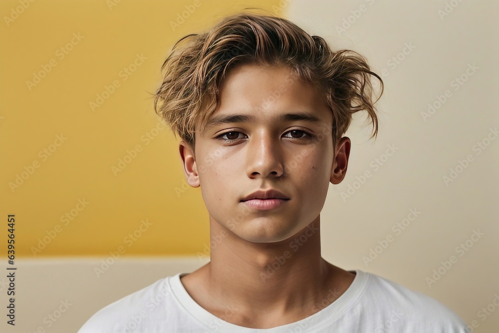 Boy in t-shirt against yellow background Boy in t-shirt against yellow background