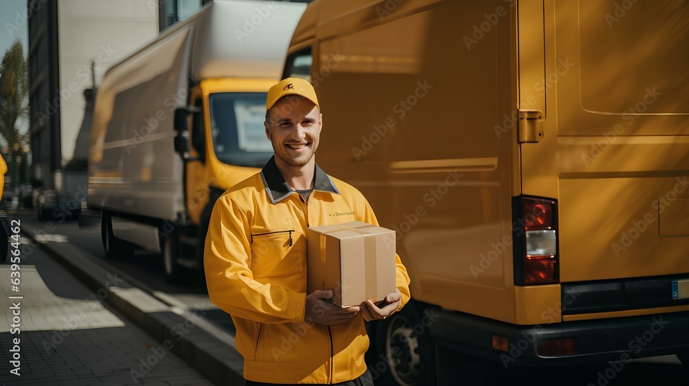 A smiling guy - a delivery service worker stands with a box. A smiling guy - a delivery service worker stands with a box.