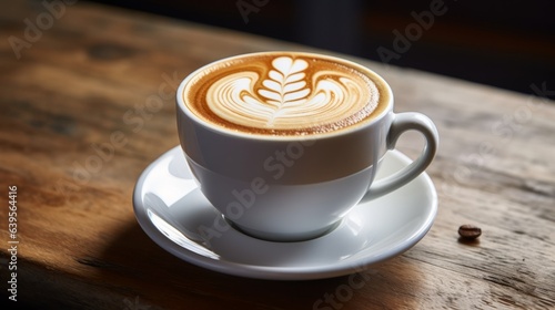 Photo of a delicious cappuccino served on a rustic wooden table