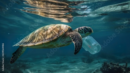 Sad sea turtle in polluted ocean. There is garbage plastic bottle under water. Save nature. Stop ocean plastic contamination. Environmental ocean pollution.