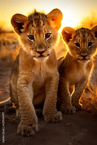 a group of young small teenage lions curiously looking straight into the camera, golden hour photo, ultra wide angle lens. © Romana