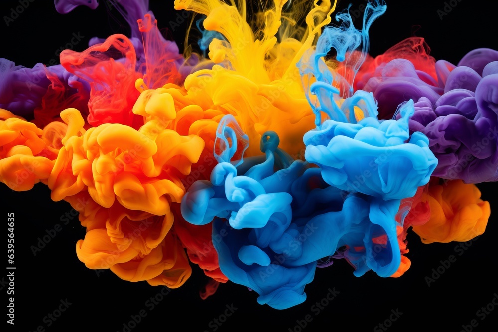 Fototapeta premium an injection of plots of acrylic paint or special ink under water on black background, colorful explosion or artistic pigment
