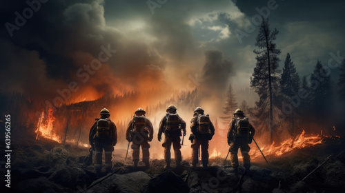 Team of brave firefighters while putting out a forest fire