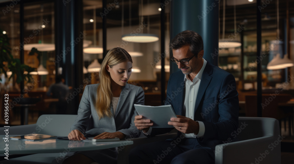 Two business people, a business man and a business woman, engage in a discussion as they read a financial report together. Young business professionals working together in a modern finance company.