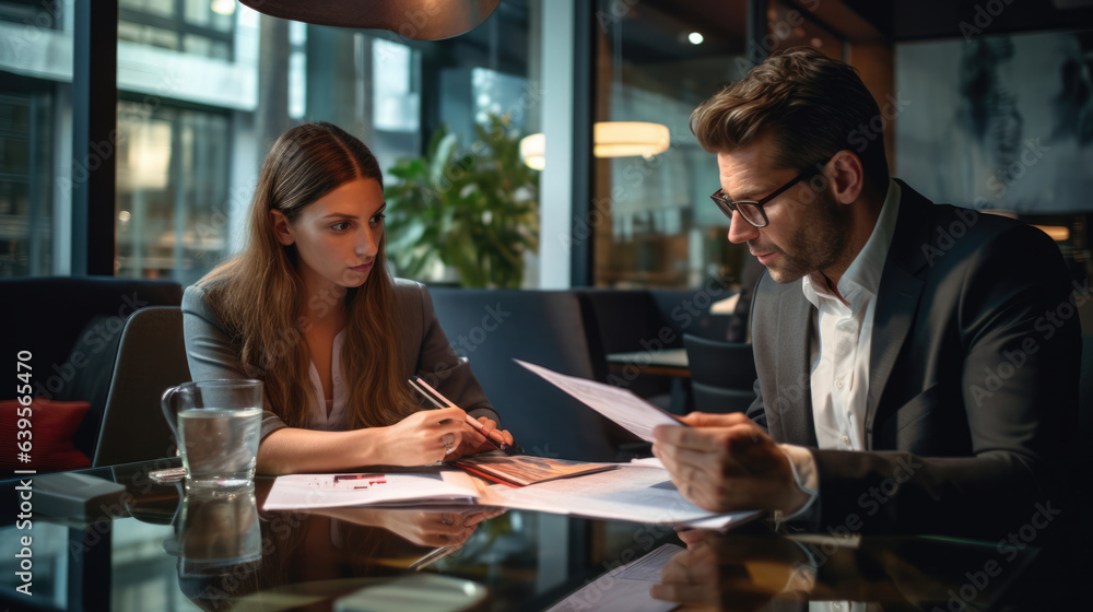 Two business people, a business man and a business woman, engage in a discussion as they read a financial report together. Young business professionals working together in a modern finance company.