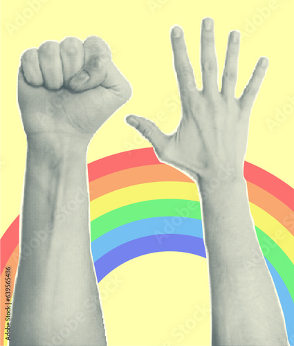 Trendy collage with hand gestures, cutout shapes Symbol win, like, punk. Grunge halftone retro banner poster design. Concept of protest, confrontation, pride lgbt month. Vector illustration