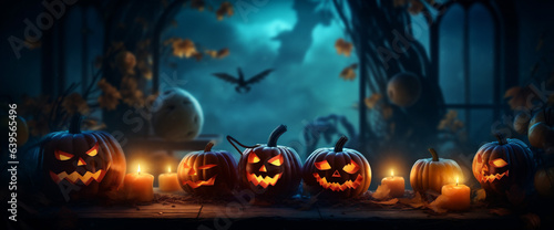 pumpkin table night blue halloween evil background horror mystery fear creepy. Generative AI.