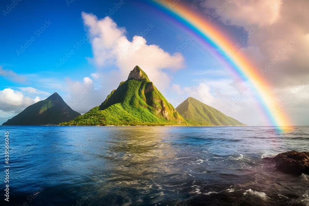 St. Lucia - Caribbean Sea showcasing Pitons and a rainbow. Generative AI