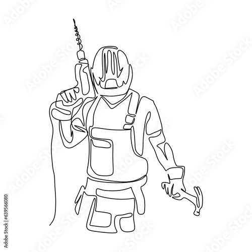 A man builder in a helmet with a drill. Isolated vector object by hand on a white background