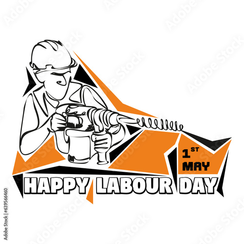 A man builder in a helmet with a drill. Isolated vector object by hand on a white background