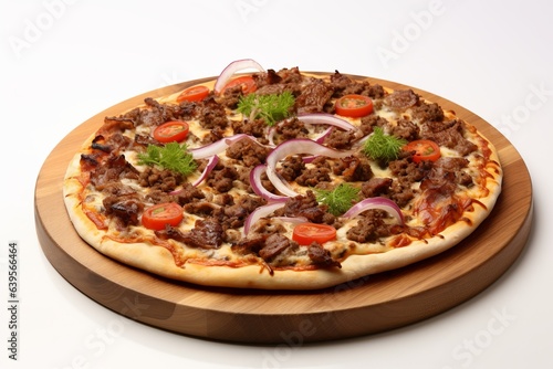 a delicious kebab pizza on a wooden board on white background