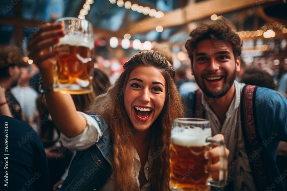 a group of young diverse men and women celebrating oktoberfest in the beer garden drinking, laughing, having fun chatting together, summer or early autumn weather