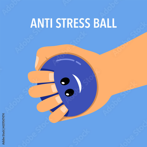 Hand squeezing an anti stress ball for relax at work. Rubber ball in the fist flat design. Calm nerves. photo