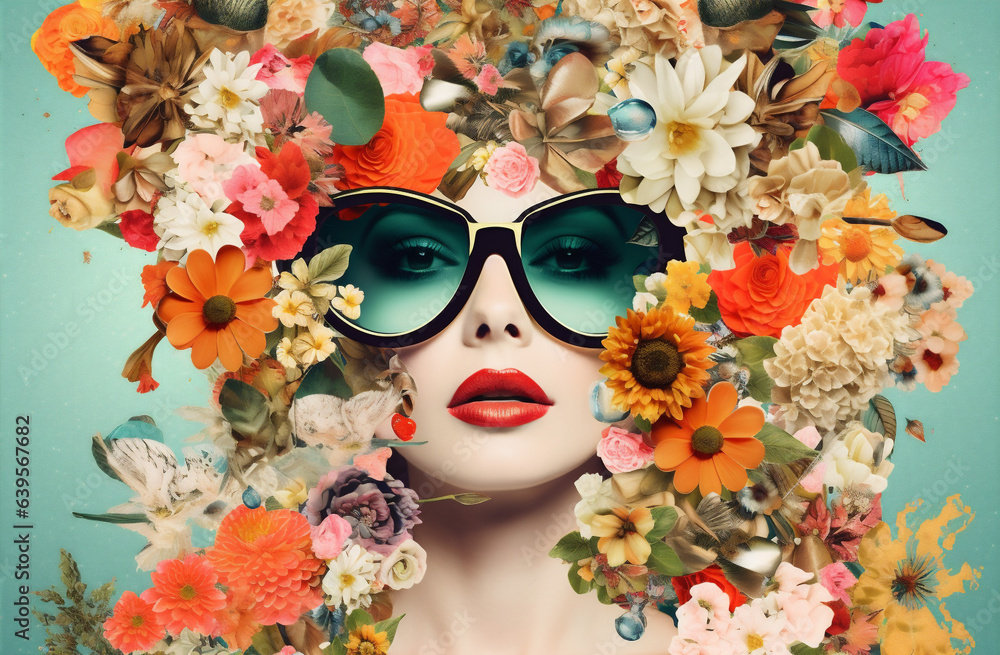 woman portrait pop design fashion art flower trend abstract face poster. Generative AI.