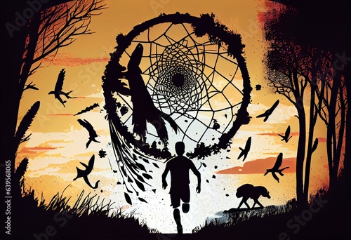 Chasing Dreams - An illustration of a person running towards a giant dreamcatcher in the sky, representing the pursuit of one's passions and aspirations. AI generated