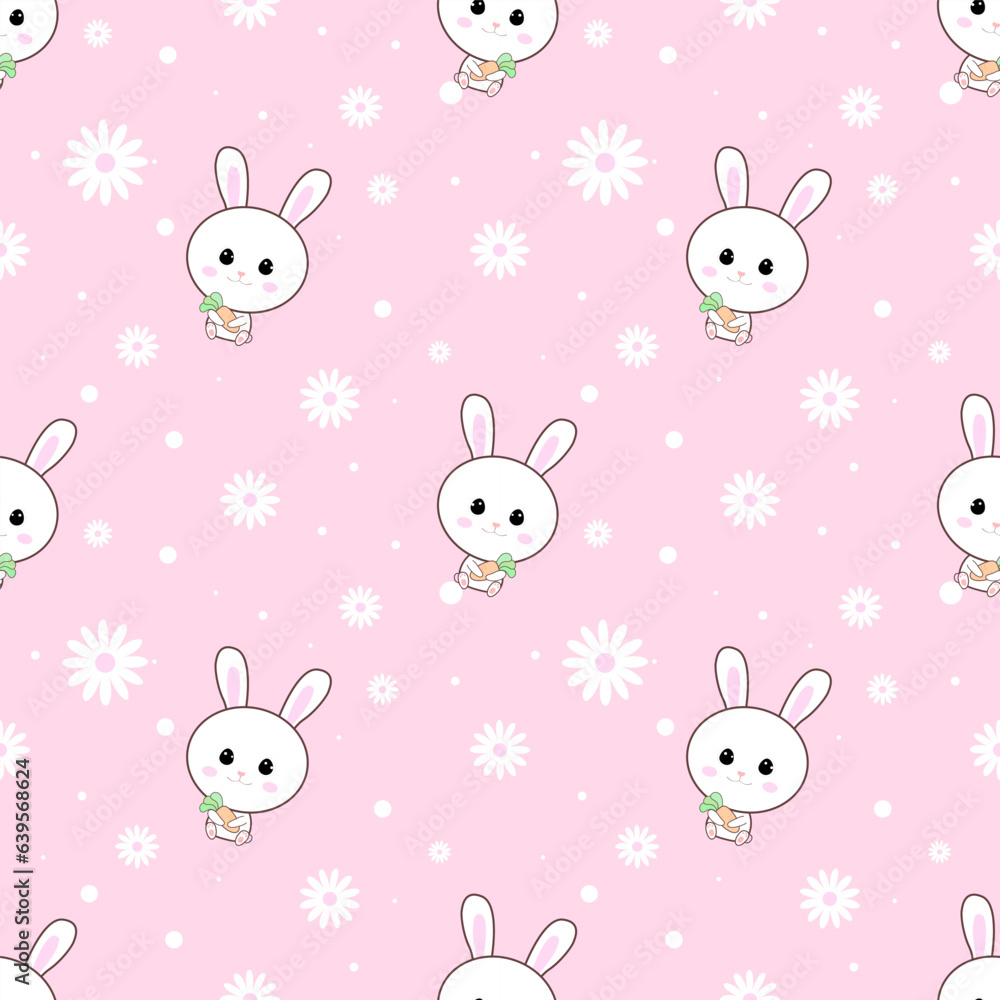 Cute rabbits with flowers and circles seamless pattern on pink background.