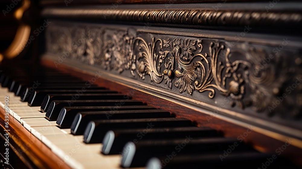 Close view of dusty vintage piano keys. Created with Generative Ai technology. - obrazy, fototapety, plakaty 