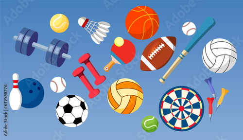 Sport equipment. Set of sport balls and gaming items at a blue background. Vector Illustration. Can be used in print and design