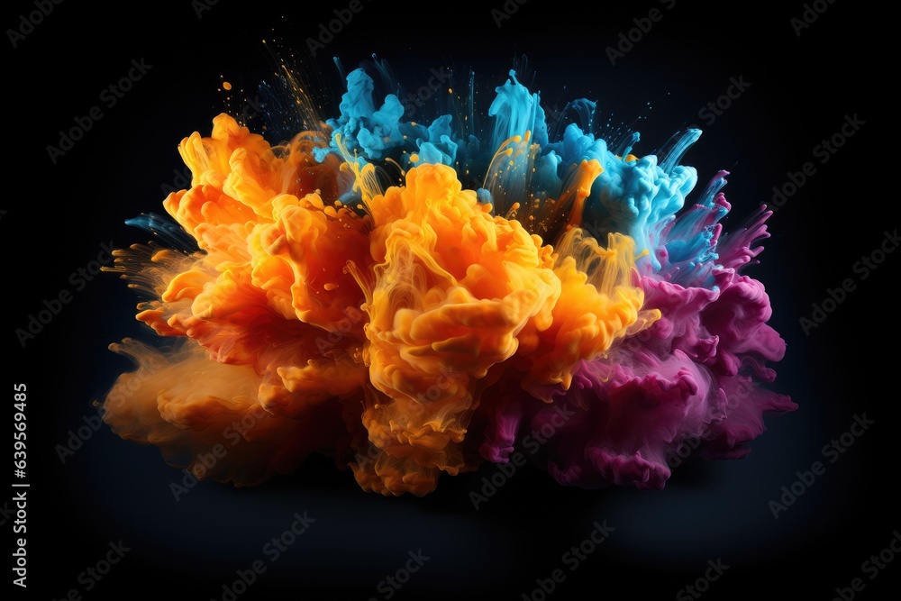 Colorful liquid explosion under water on black background. Abstract backdrop with color splashes. Underwater explosion paint. Colorful liquid explosion under water on black background. Abstract backdrop with color splashes. Underwater explosion paint.