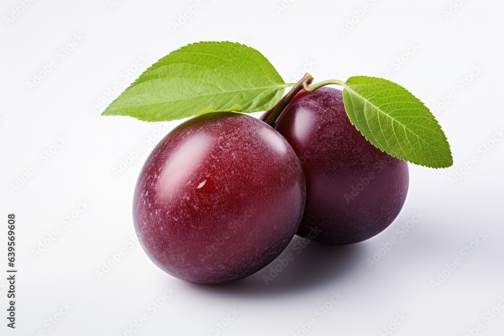 Juicy purple Plum fruits with green leaf isolated on white background