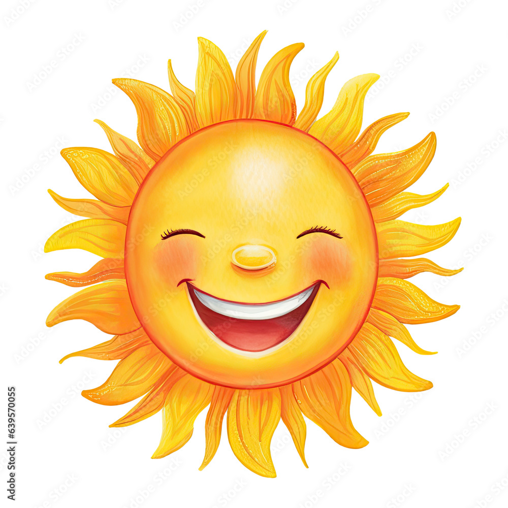 Watercolor cartoon smiling sun with happy face, summer weather