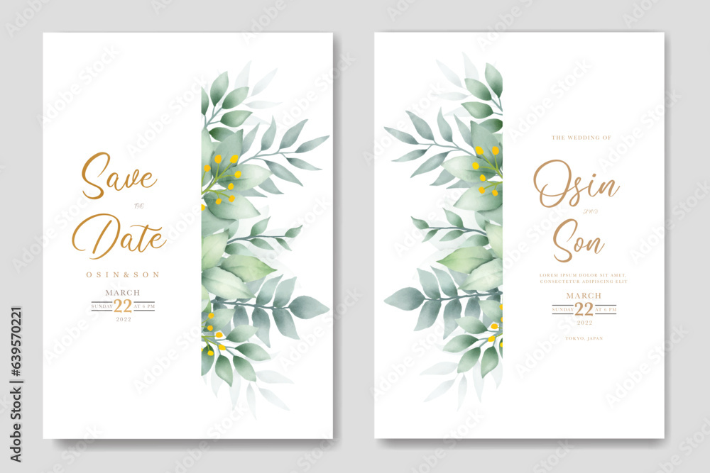 wedding invitation card with green leaves watercolor
 