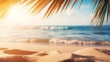 Golden sand of tropical beach, blurry palm leaves and blue sea on sunny day, Generative AI