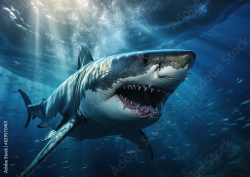 A magnificent great white shark, a symbol of ocean's grandeur. Deep sea wonder. Generative AI. © DigitalGenetics
