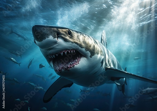 A magnificent great white shark  a symbol of ocean s grandeur. Deep sea wonder. Generative AI.