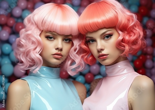 two young girls in pastel clothing and pink hair posing together. Not real person. AI