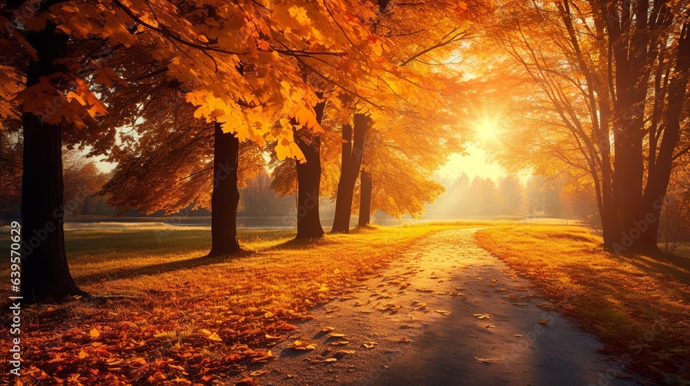 Autumn landscape with yellow autumn trees and sunlight, Generative AI