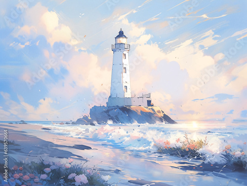 blue sea waves, lighthouse illustration by the sea