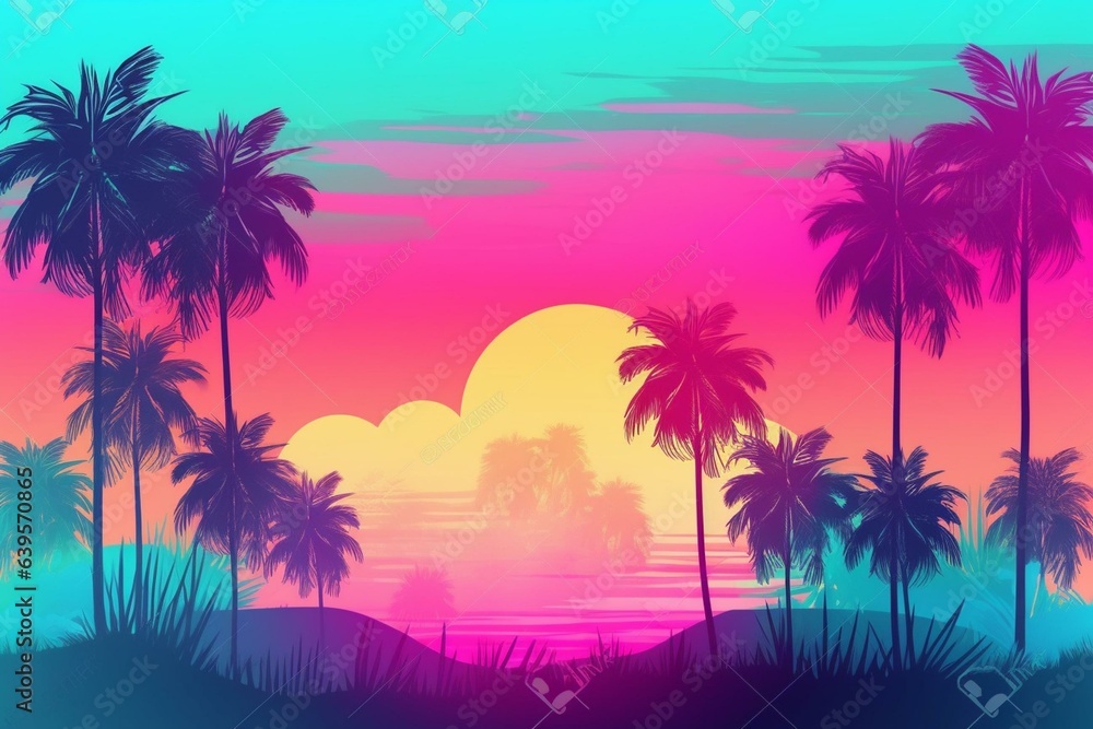 Background with abstract palm trees and summer vibes. Generative AI