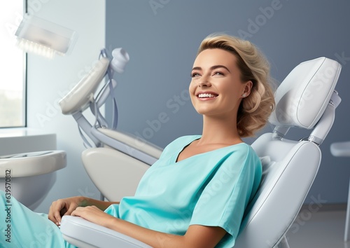 Young woman model undergoes oral examination for healthcare in a dentist's cabinet. Dental care focus. Not real person. Generative A