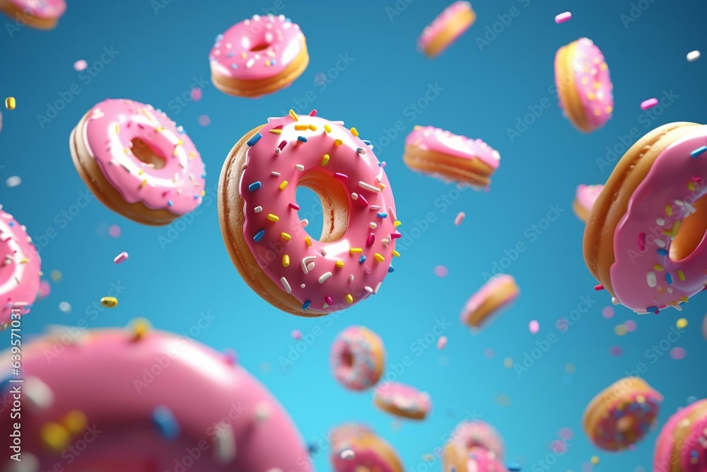 Colorful moving donuts on blue background. 3D-illustration. Generative AI