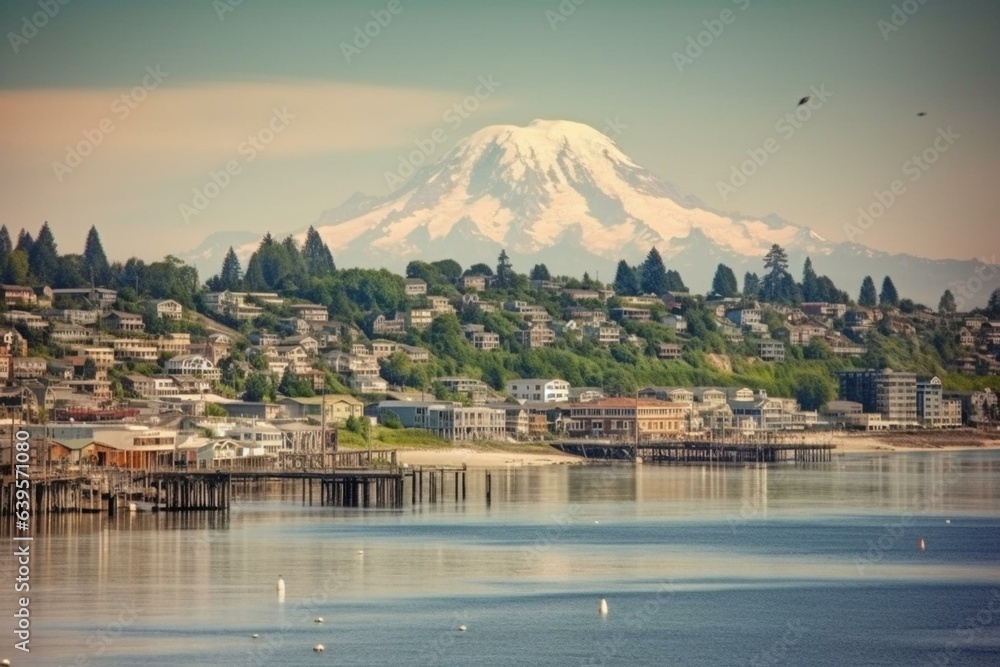 Stunning scenery of Seattle and Mount Rainier on a sunny day. Generative AI