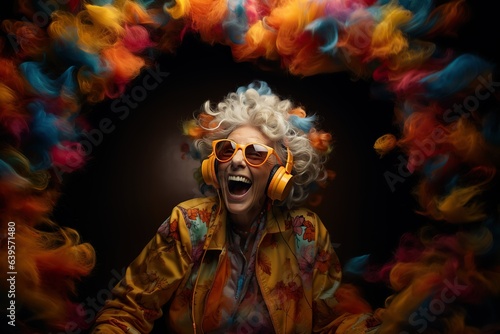 A joyous elderly woman wearing vibrant headphones, immersed in music, surrounded by bright colors. Not real person. Vibrant happiness. Generative AI