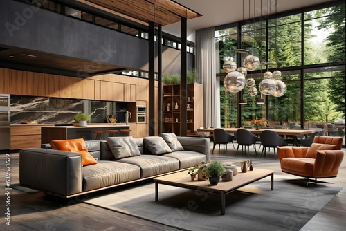A luxurious modern home interior featuring a spacious open layout. Contemporary design. Generative AI © DigitalGenetics