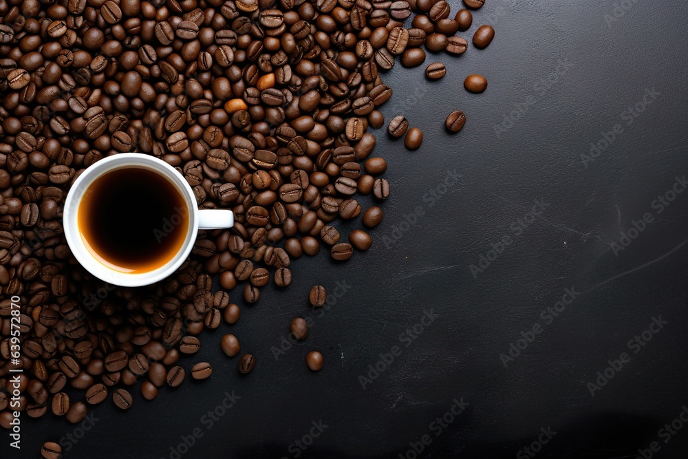 top view coffee cup and coffee beans on dark table background with copy space top view coffee cup and coffee beans on dark table background with copy space