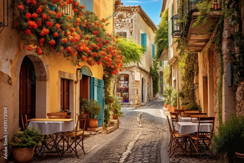 Charming street in historic Antibes, Cote d'Azur on French Riviera. Generative AI © Chloe