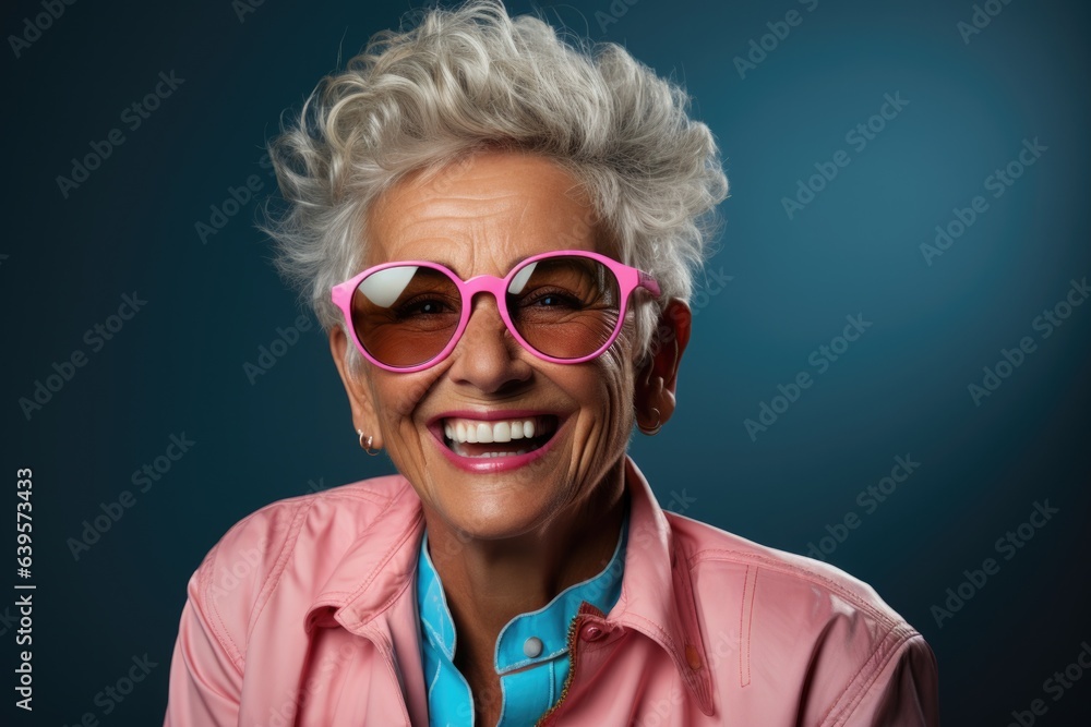 Portrait of happy senior woman in pink glasses. Laughing old woman with hairstyle in stylish outfit. Portrait of happy senior woman in pink glasses. Laughing old woman with hairstyle in stylish outfit.