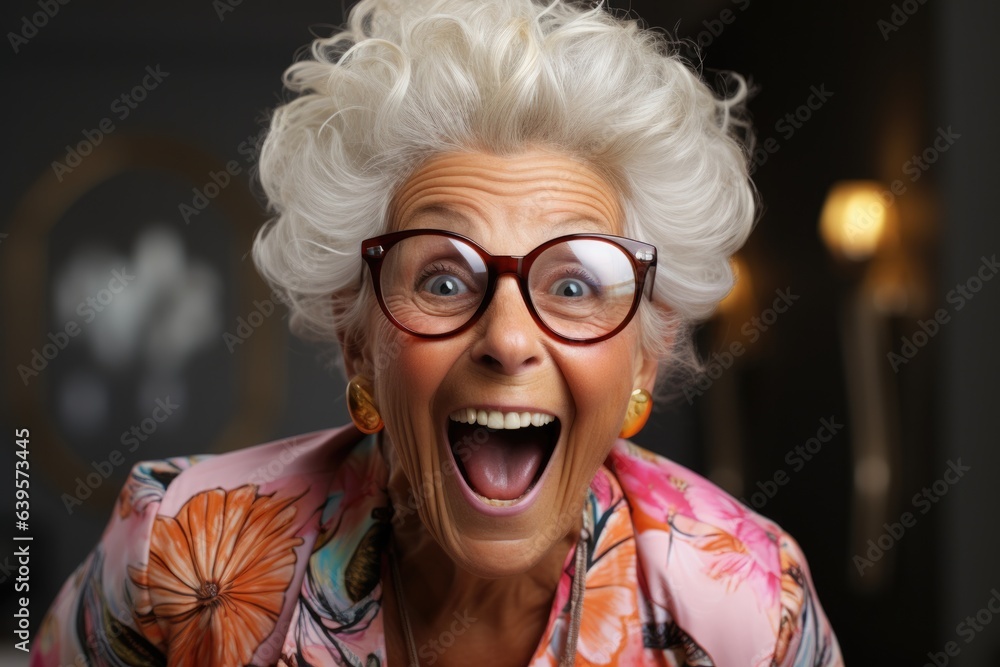 Portrait of happy senior woman in glasses. Laughing old woman with hairstyle in stylish outfit. Portrait of happy senior woman in glasses. Laughing old woman with hairstyle in stylish outfit.