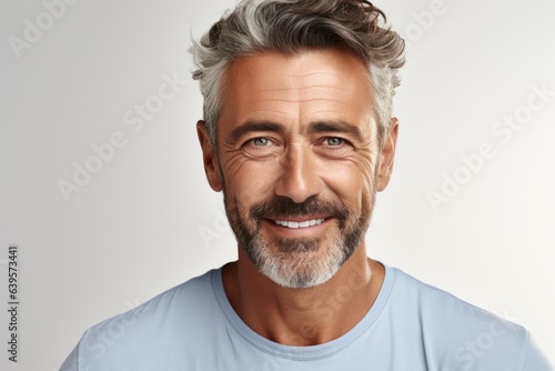 Handsome middle age man with beard wearing casual clothes over light background. Happy face smiling, looking at the camera. Positive person.