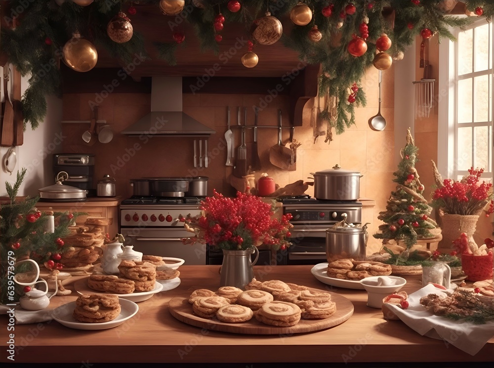 kitchen filled with cookies and Christmas decorations