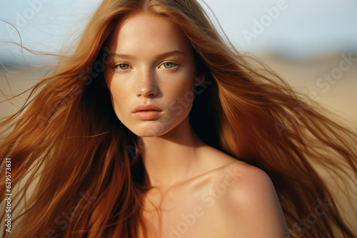 portrait of a woman/model/book character in a close up with long blonde red hair in a fashion/beauty editorial advertisement magazine style film photography look redhead - generative ai art