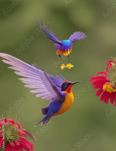 The fleeting moment of a sunbird as it hovers mid-air to feed from a flower, showcasing its iridescent feathers that catch the sunlight in a radiant display. AI Generated
