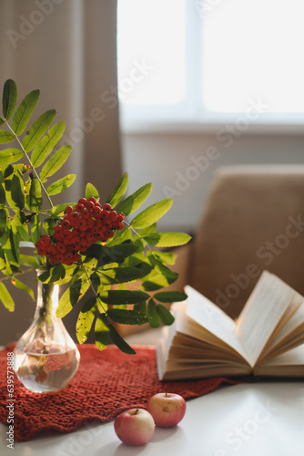 autumn still life with a rowan branch in a vase, book and apples in a cozy home interior