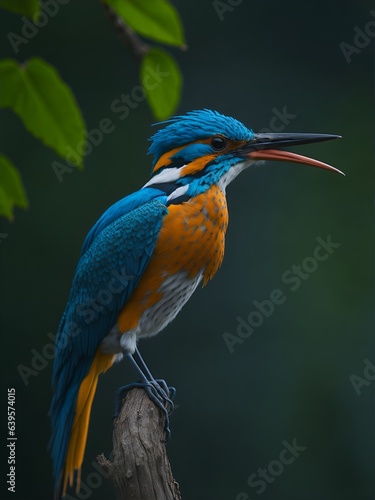 Focus on the brilliant colors of a tropical kingfisher's plumage as it perches near water, displaying an array of vivid blues, greens, and oranges. AI Generated